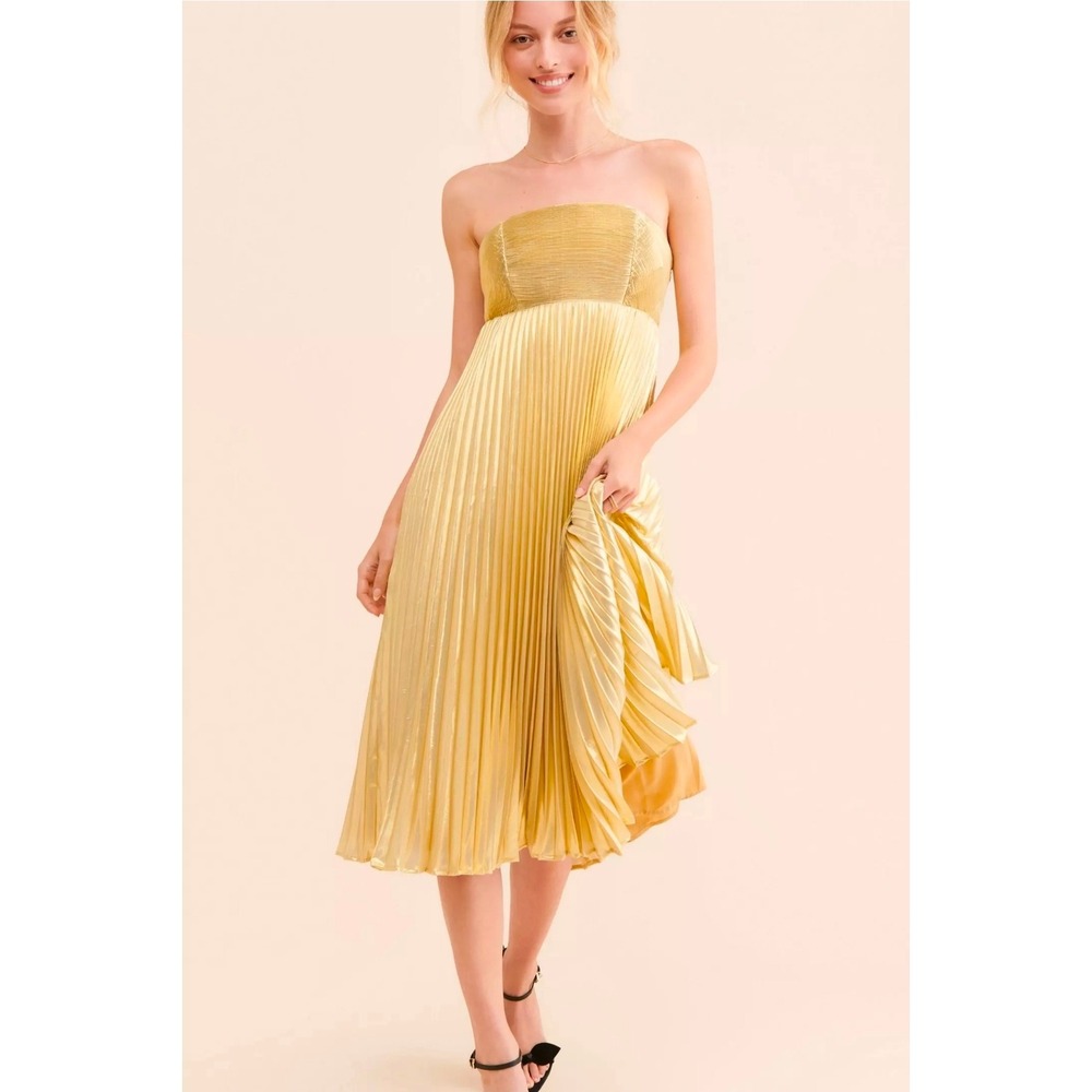 Let Me Be Gold Metallic Strapless Pleated Midi Dress 1X Taylor C1509 NWT
